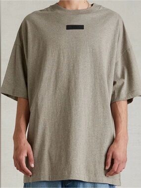 Fear of God Oversized Crewneck T-Shirt in Taupe with Black Logo Patch